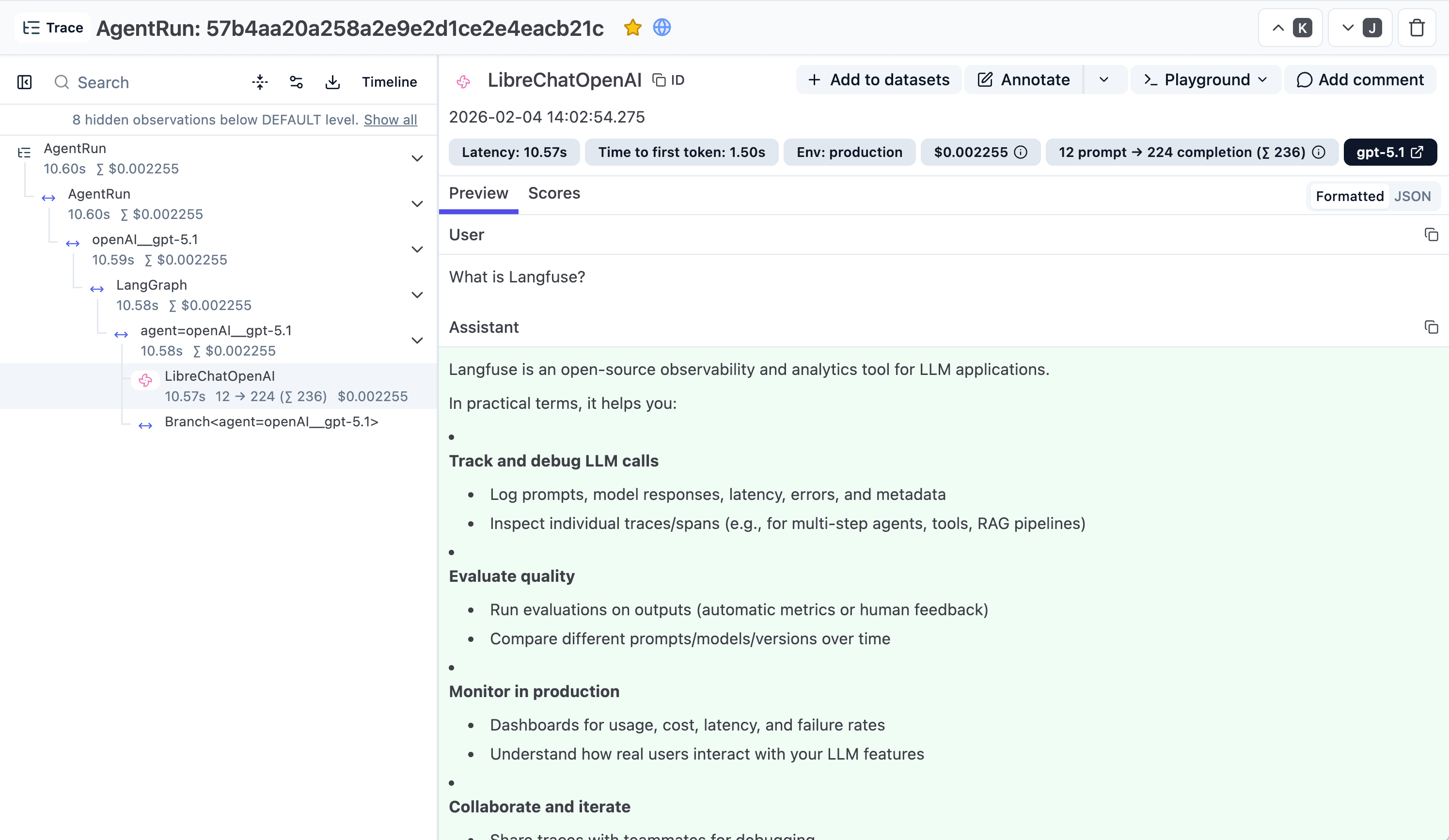 LibreChat trace in Neural Inverse showing an agent run with LLM calls, latency, and cost