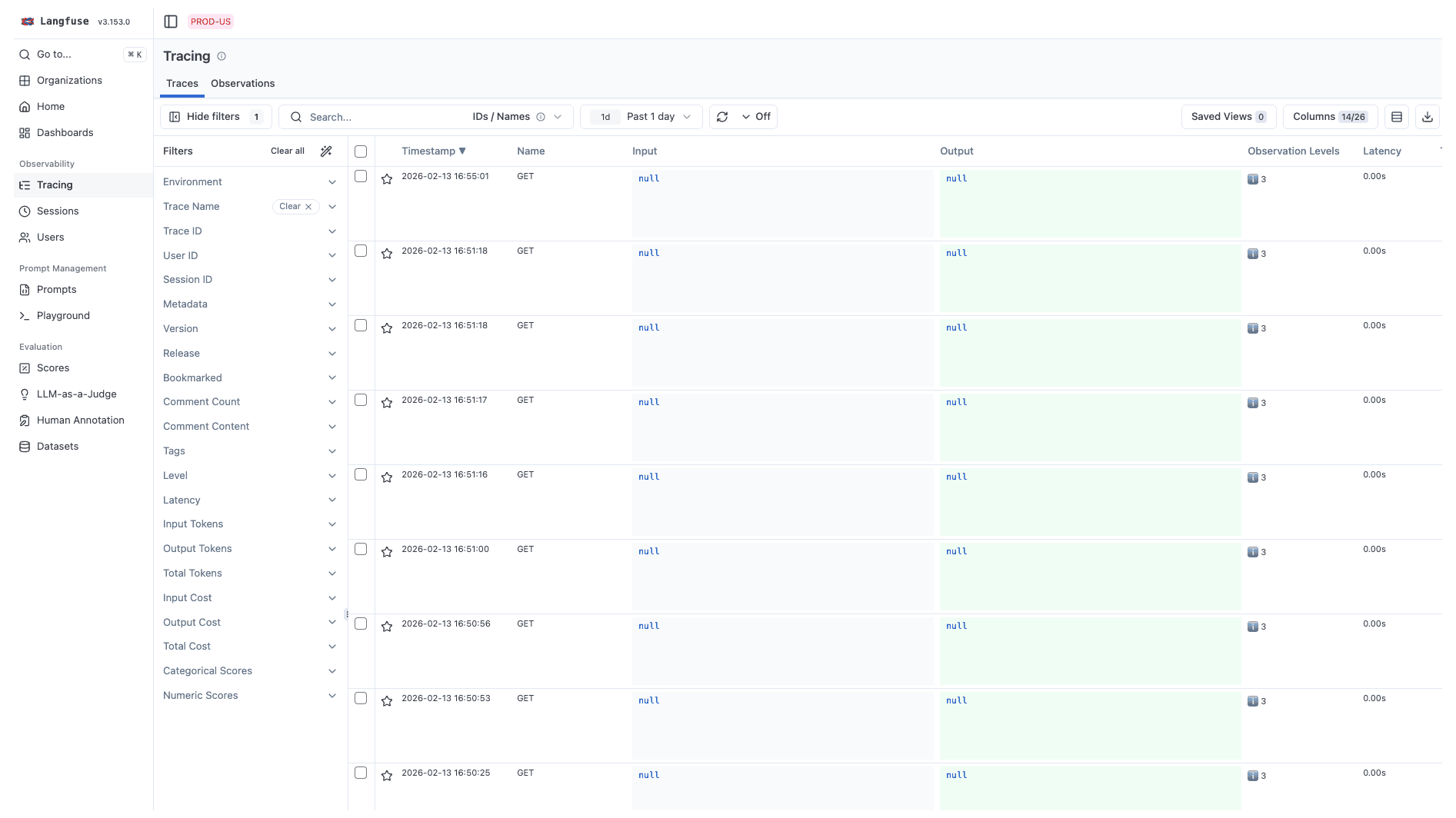 Neural Inverse traces list showing unwanted GET spans